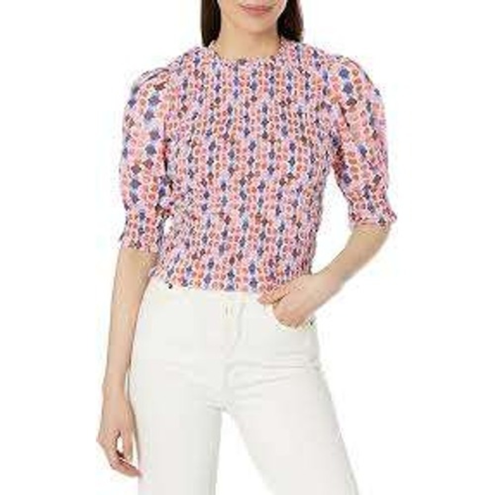 Nic+Zoe Geo Dots Smocked Pink Printed Top‎ Medium